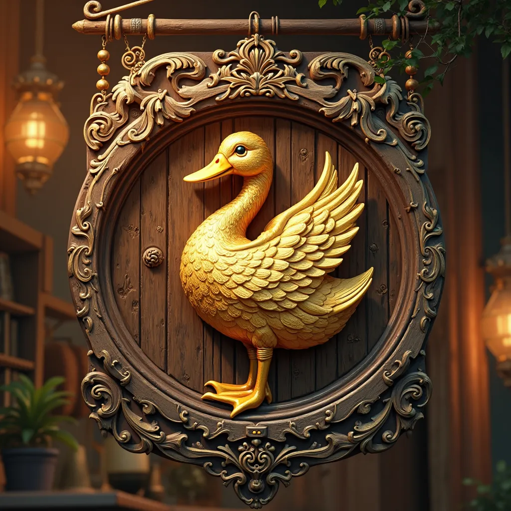 Tavern sign with golden duck on it