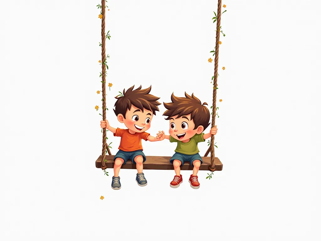 two ren playing together at a swing .white background , hand drawn cartoon style 