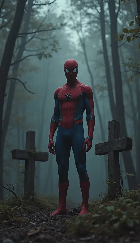 Spiderman standing in front of three small crosses in a dark, dark forest,  ultra real and professional images