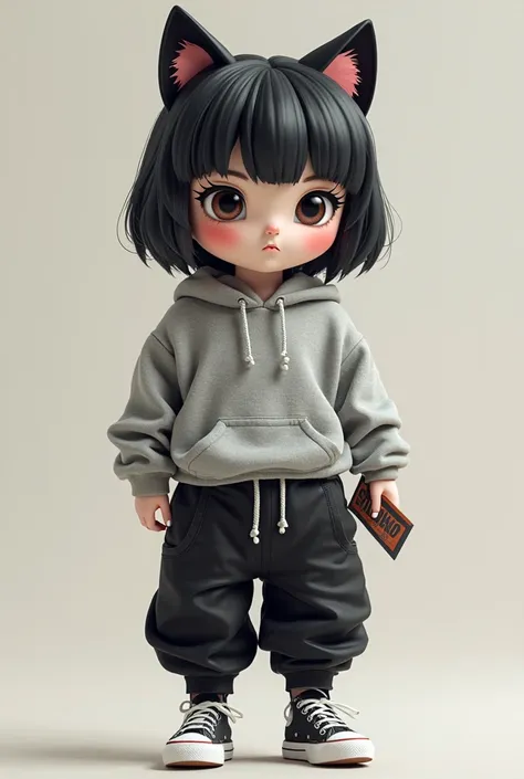 Hello Kitty with a gray sweatshirt and oversized black pants and black hair with wolf cut,eyelashes and with a voucher in the hand 