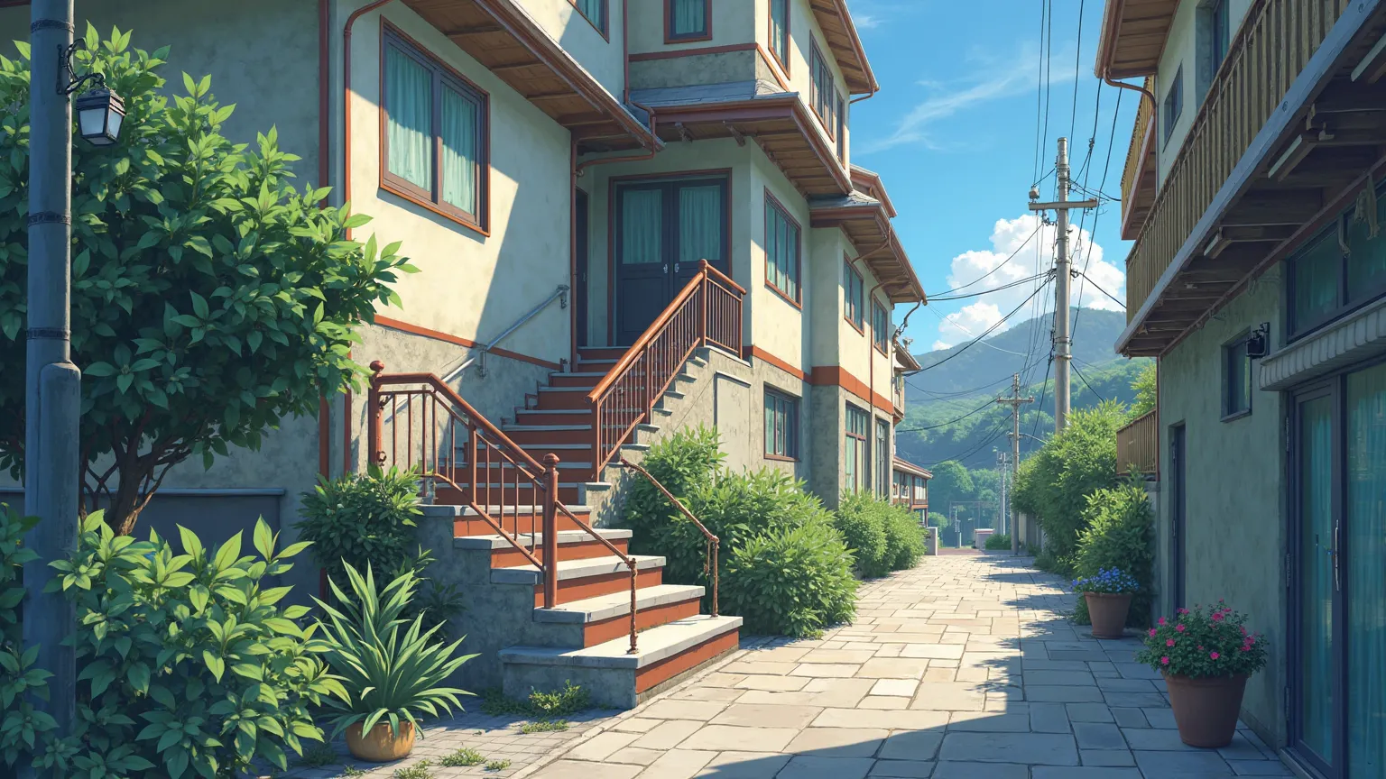 a painting of a stairway leading to a building, anime scenery, anime scenery concept art, anime. by makoto shinkai, kyoto animation, by makoto shinkai, by Makoto Shinkai, makoto shinkai. high detail, realistic - anime, style of makoto shinkai, beautiful an...