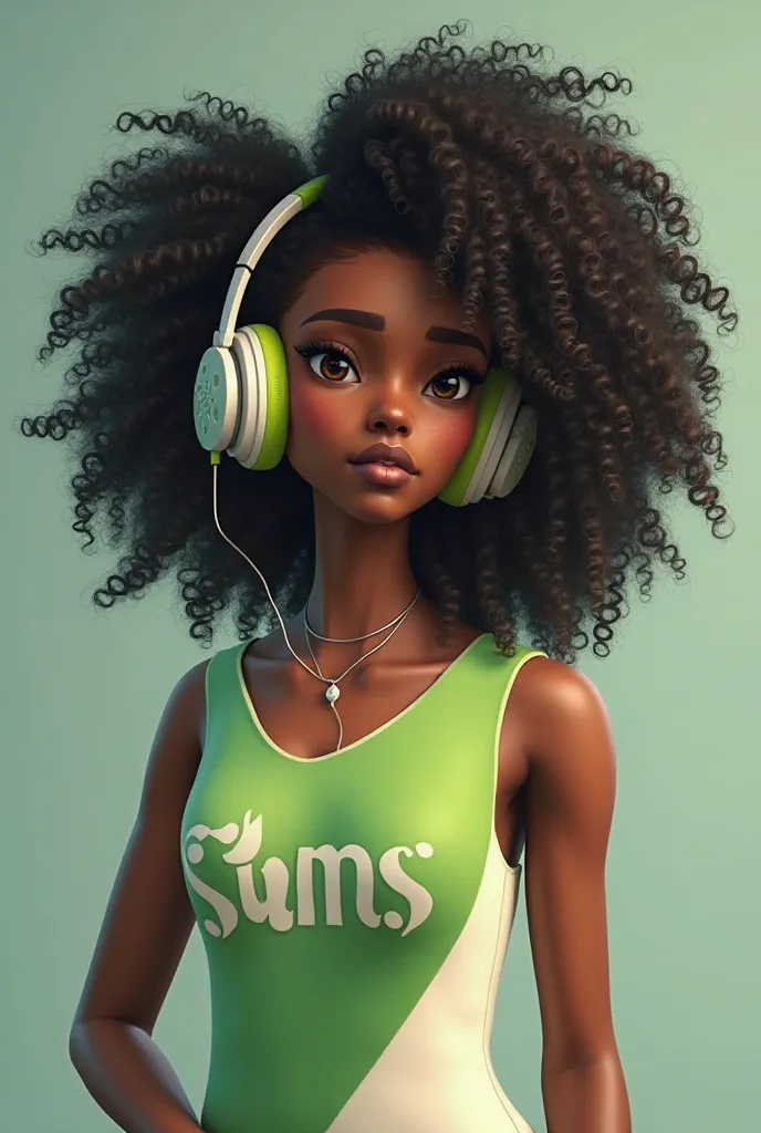 Mulher negra com fone de 🎧 cabelo solto vestido verde e branco com o símbolo de the sims na cabeça 