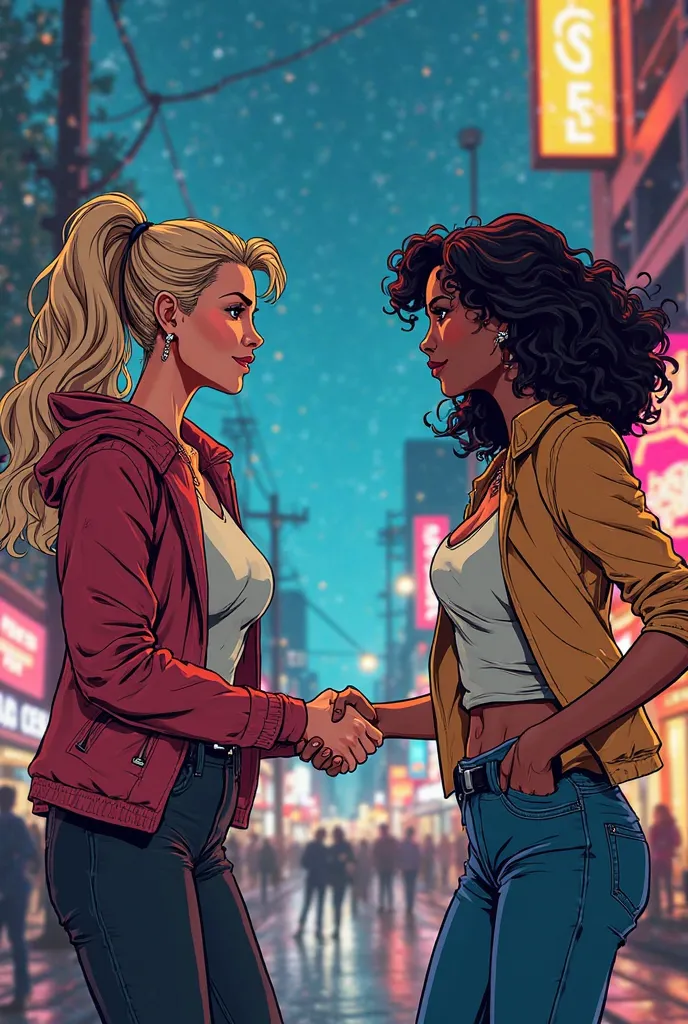 Two women shaking hands in a nighttime comic setting