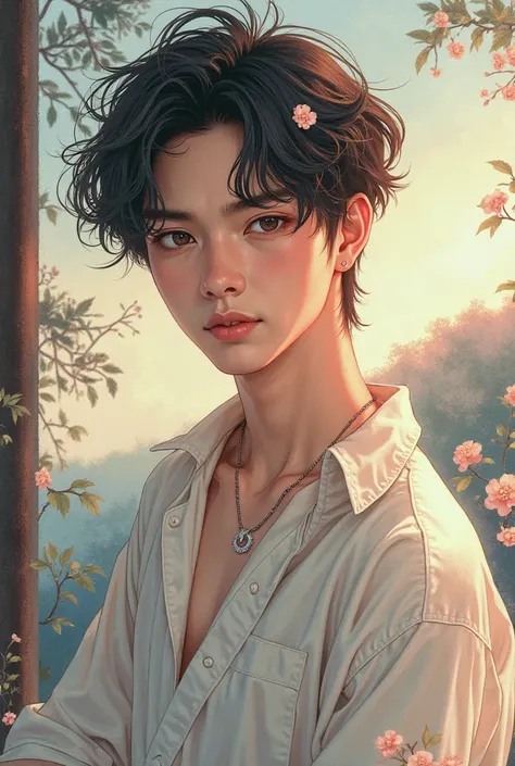 Hot guy in manhwa style with soft eyes and soft clothes