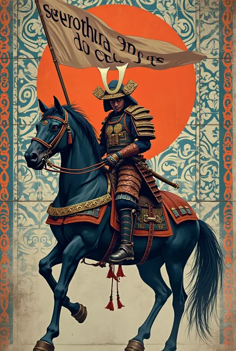 Samurai in manga mode, on a horse with the typical Portuguese tile pattern holding a standard size saying "Everything but icy".