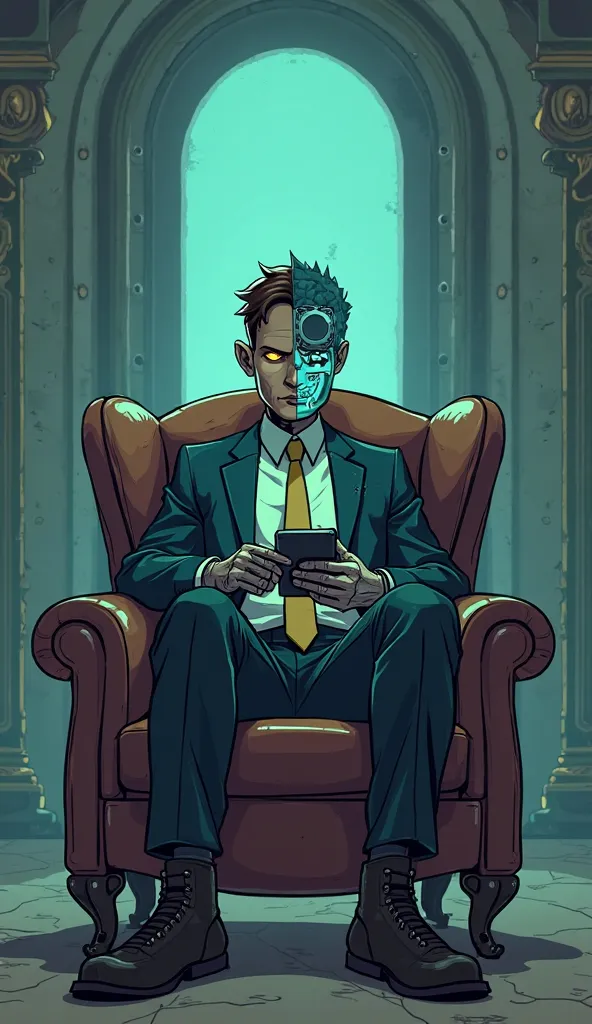 I want an image of a cyborg boy in a very large room, sitting at the back against the wall in an armchair, using a smartphone with both hands. He is working on his phone. The rest of the room is in a cyberpunk style. He is facing us directly, completely fr...