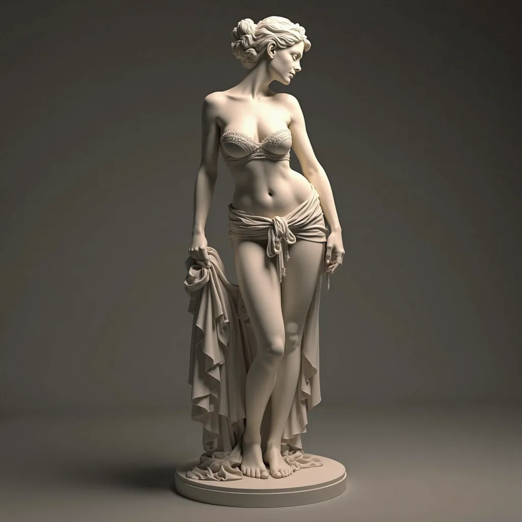 A statue made of good quality material ,  of a beautiful woman , a thin towel covers your body at the waist, High resolution, high illumination, the statue is on a platform.