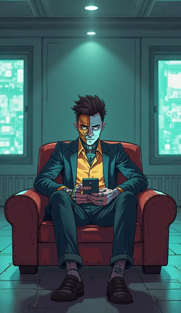 I want an image of a cyborg boy in a very large room, sitting at the back against the wall in an armchair, using a smartphone with both hands. He is working on his phone. The rest of the room is in a cyberpunk style. He is facing us directly, completely fr...