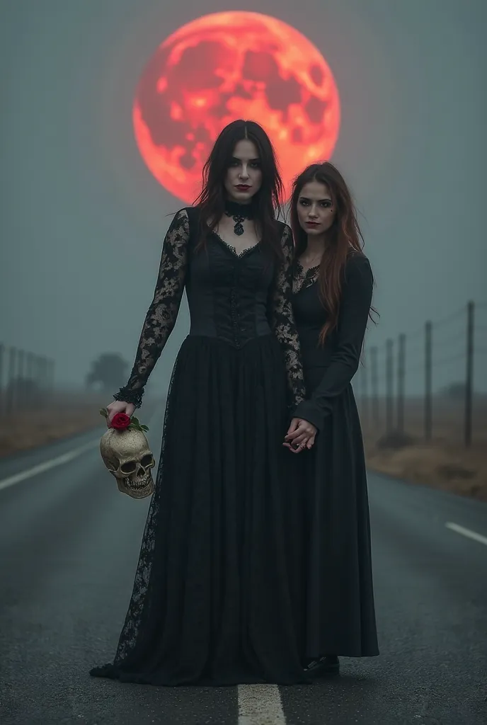 A Gothic-looking woman, wearing a long black lace dress, is in the middle of a deserted road under the light of a large blood moon. She holds a skull in one hand and a red rose in the other, with an intense look and dark makeup that contrasts with the surr...