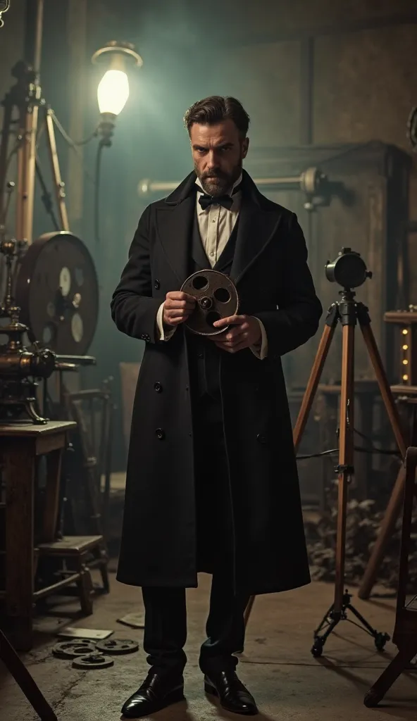 Pierre Lafayette, a French film director from 1887, standing in a dimly lit vintage film studio. He is a tall, slender man with sharp facial features, wearing a classic 19th-century French suit with a high-collared shirt and a dark overcoat. His piercing e...