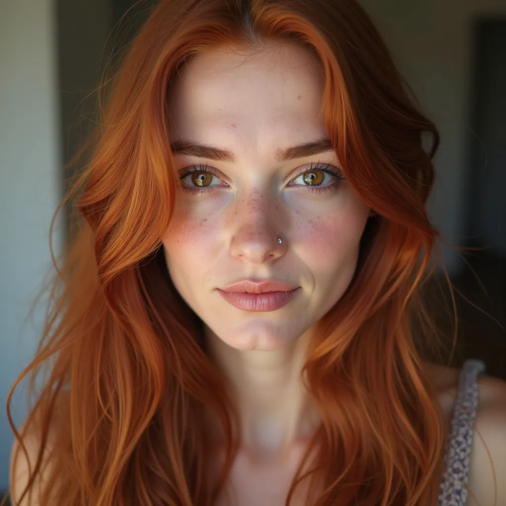 a realistic photo of a frontal closeup of a beautiful young woman with long red hair falling past her shoulders. She is , brown eyes, rosy cheeks, looking straight at the viewer