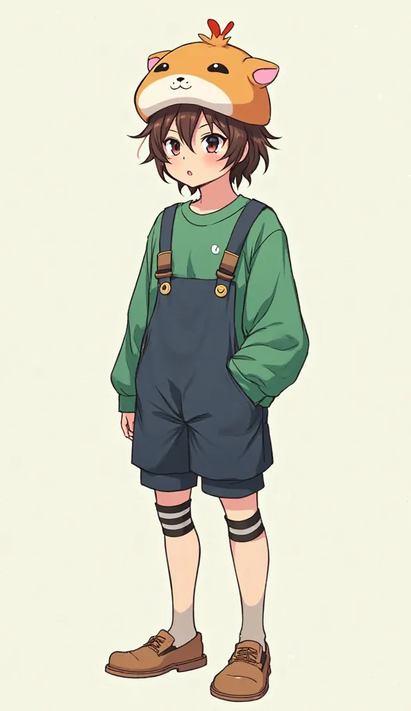 Generate the image of a full-body anime man, Brown hair, wearing a hamster hat with a loose-fitting green shirt with long sleeves and a dark blue jumpsuit with garter tights