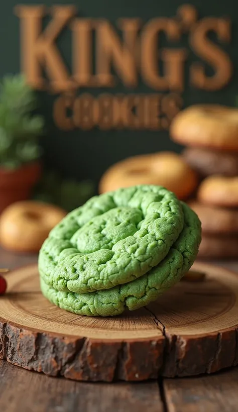 A fat, plump green cookie; on a pastry table, the word King's Cookies written in the background, posture high resolution,  Dutch angle ,  foreground , Depth of field, OctaneRender 8K, 