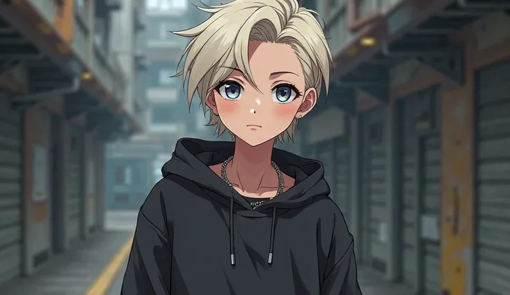 "Create an anime-style character inspired by this image. The character should have a sharp, confident expression with piercing eyes and a slightly serious demeanor. They sport a short, platinum blonde hairstyle, neatly trimmed, with a slight shine. Their o...