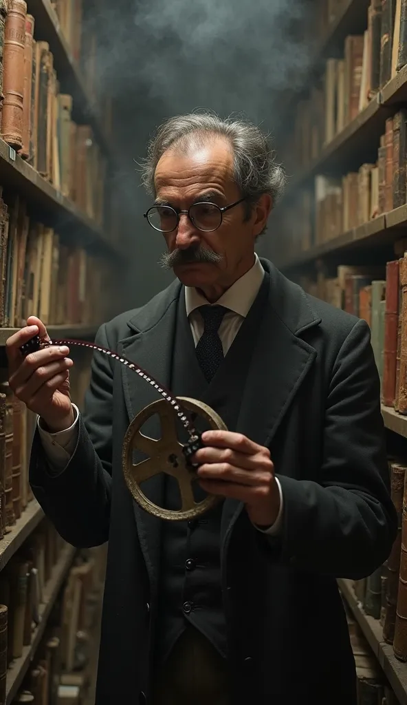 Julien Monet, a French film researcher from 1903, standing in a dimly lit archive filled with old film reels and dusty books. He is a middle-aged man with round spectacles, a neatly trimmed mustache, and dressed in an early 20th-century French suit with a ...