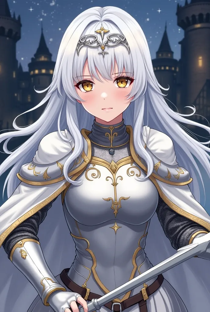 A Knight with a Silver Armor, White Cape with Golden Details, Long and fluffy white hair, Silver Tiara, serious expression, Holding a Polearm, stary night castle background, Honey color eyes, Anime artstyle.