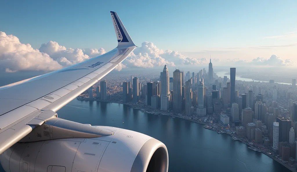 New York skyline , shot must be taken from above the aero plane Airbus A320-214 in the sky with clouds and view of the hudson river below the flying aero plane 