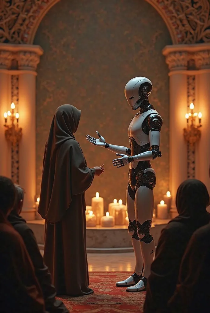 A robot is standing and explaining to people an idea about a Ramadan atmosphere