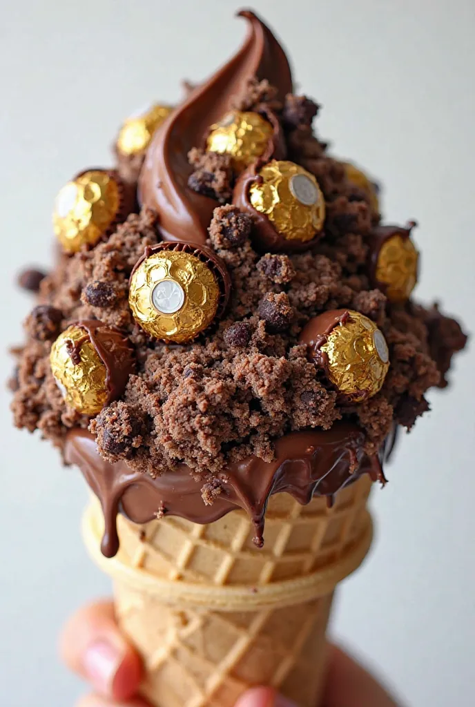 Large, overflowing ice cream cone filled with chocolate cookie dough, Nutella, and Ferrero Rocher.  Chocolate cookie dough, generously piled, forms the base and bulk of the dessert.  A thick layer of melted Nutella cascades down the cone, coating the cooki...