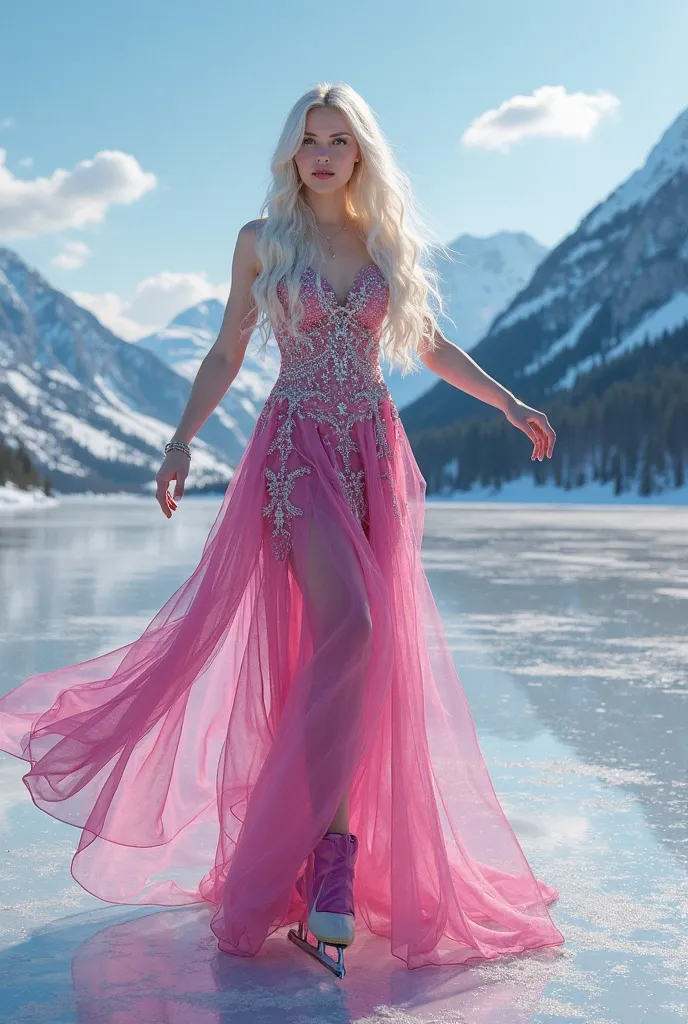 Ultra-realistic, photo-realistic, a Swedish ice queen, fuchsia figure skater dress, suntan pantyhose, fuchsia high heel ice skates, standing on a frozen lake 