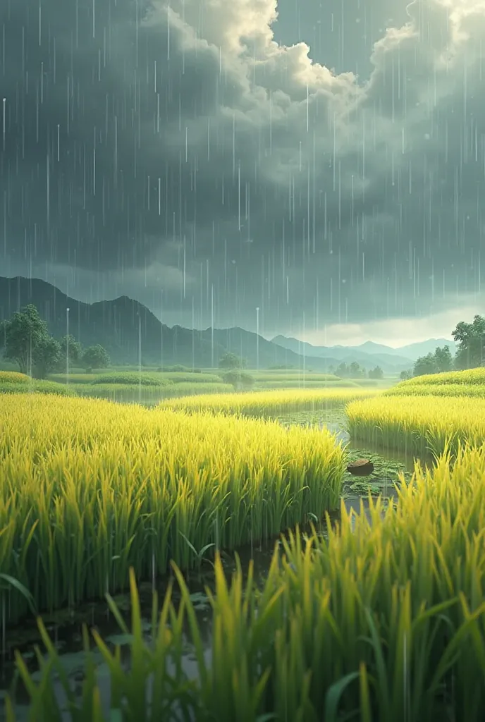 Animation of rain and wind in rice field