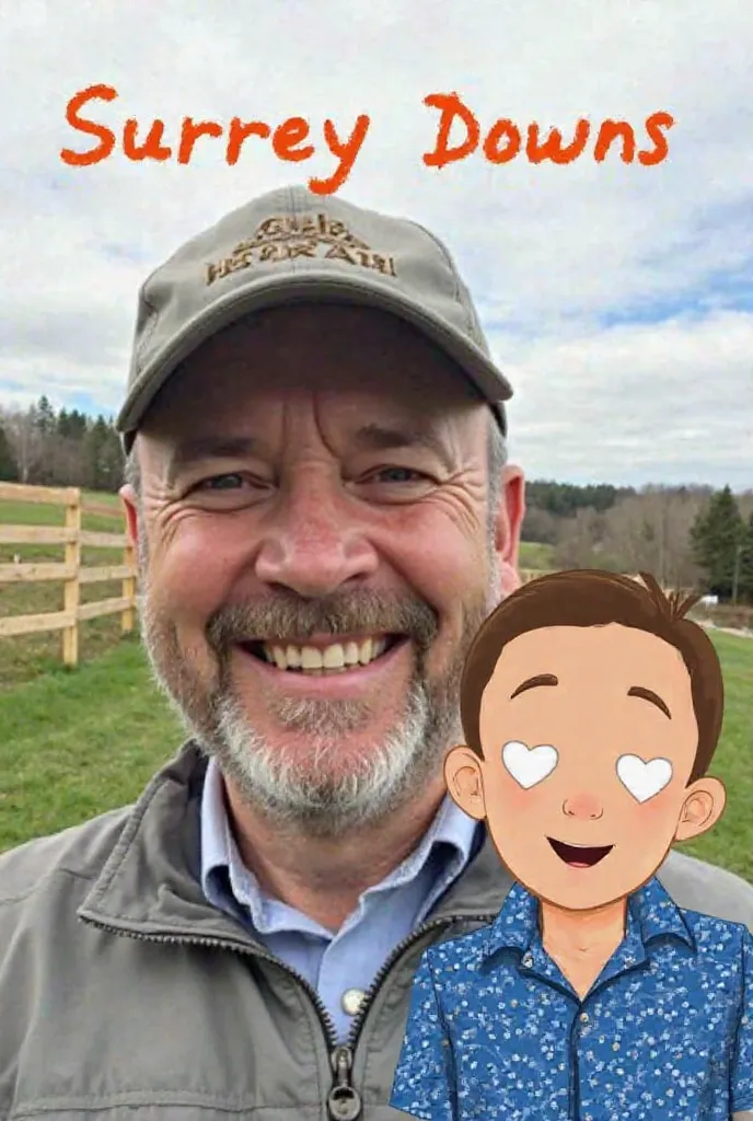 A middle-aged man with light skin and a short gray beard, wearing a baseball cap and a light gray jacket, is smiling broadly. He's positioned in the lower left quadrant of the image, facing the viewer.  The background features a grassy landscape with a lig...