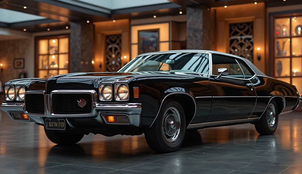 A 1972 Pontiac Grand Prix in a sleek black finish, displayed in a luxury digital showroom. The full cobin interior dashboard.