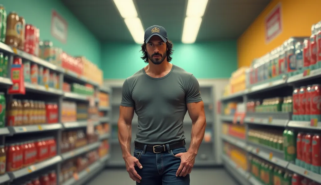 A realistic digital painting of Keanu Reeves, 50 years old, standing inside a small grocery store aisle. He has shoulder-length black hair, a well-groomed beard, and a focused expression. He is wearing a fitted gray t-shirt, dark blue jeans, a black leathe...