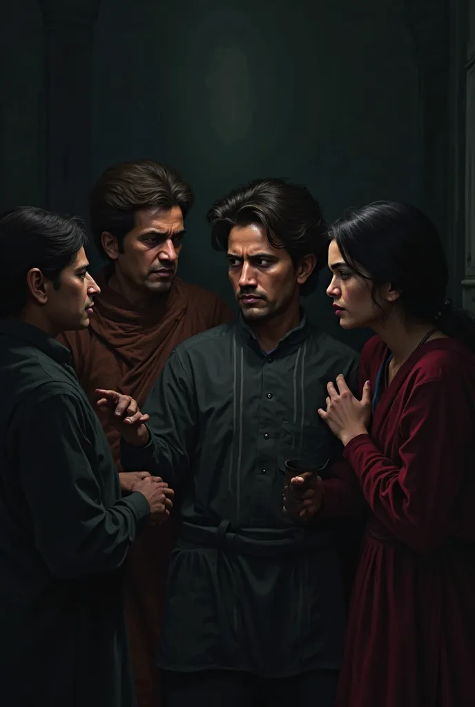 A dark room filled with tension. Asif’s family is shown whispering to each other, clearly unhappy with Saniya. Their faces are filled with anger and disgust, indicating hidden resentment."
