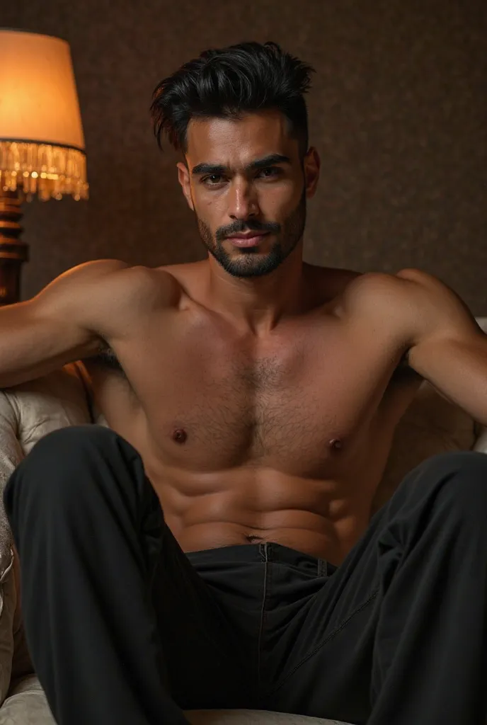 sexy cheeky and horny muslim man sits on the sofa in my room with his legs spread wide causing desire, Looking me in the eye