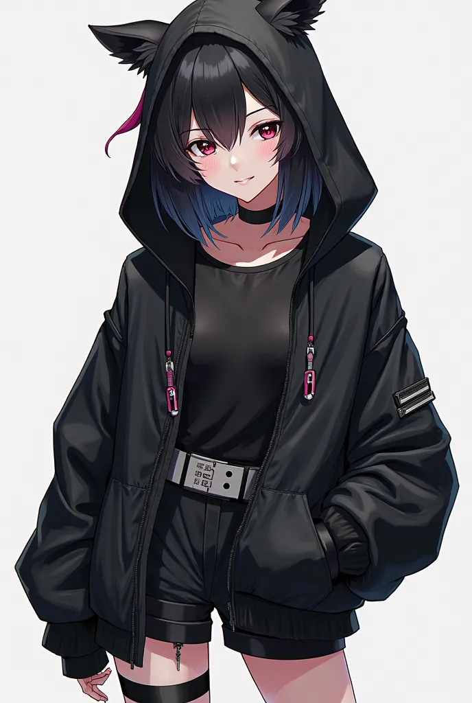 a close up of a person wearing a black jacket and shorts, clear outfit design, Full body of a single character , Women's suit, full body details, She wears street clothes, outfit design, urban girl fan art, Your wardrobe is attractive, A nervous killer,  u...