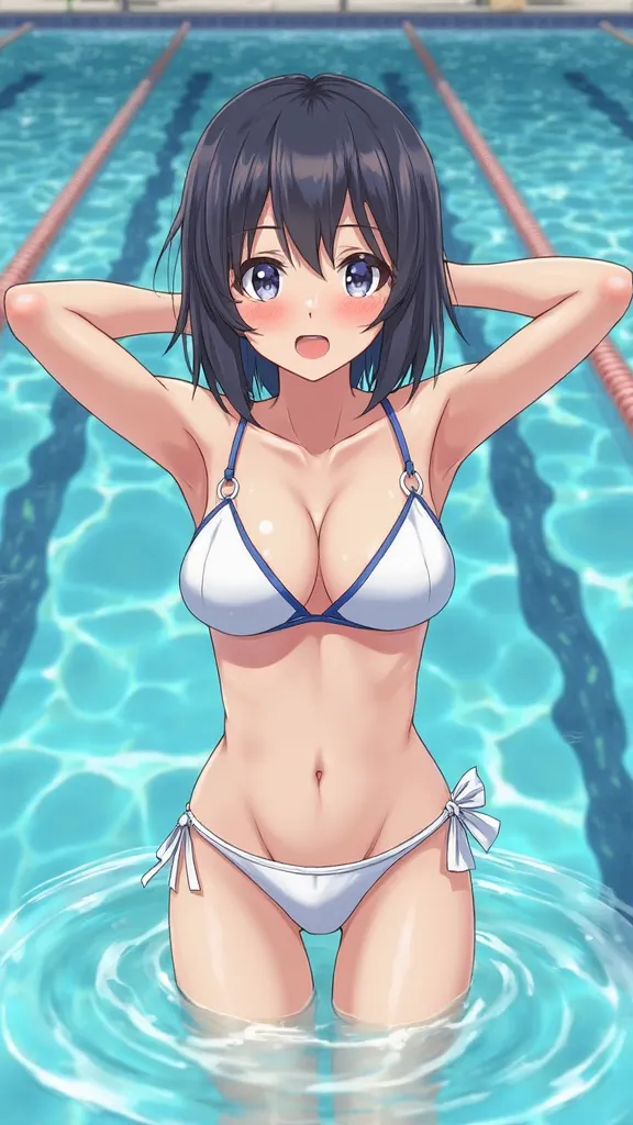 female elementary school student、swimming、tiny school bikini、school pool、Plural、wet hair、Japanese、white skin、real、low rise、short cut hairstyle、Bikini that&#39;s wedged in、Short Bikinis 、Preparatory exercises by the pool、stretch to pinch penis、high image qu...