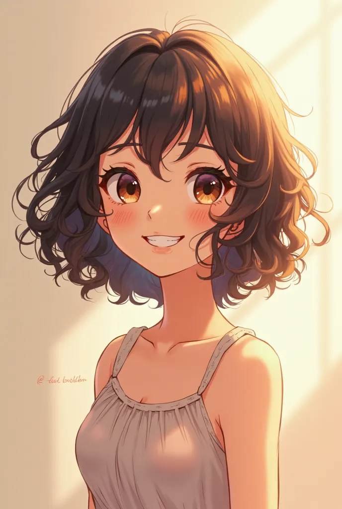 A curly haired girl, shoulder-length, large and dark with brown eyes. fair skin. smiling.with the features of the anime Boku no hero academy. Make her happy and with delicate clothes