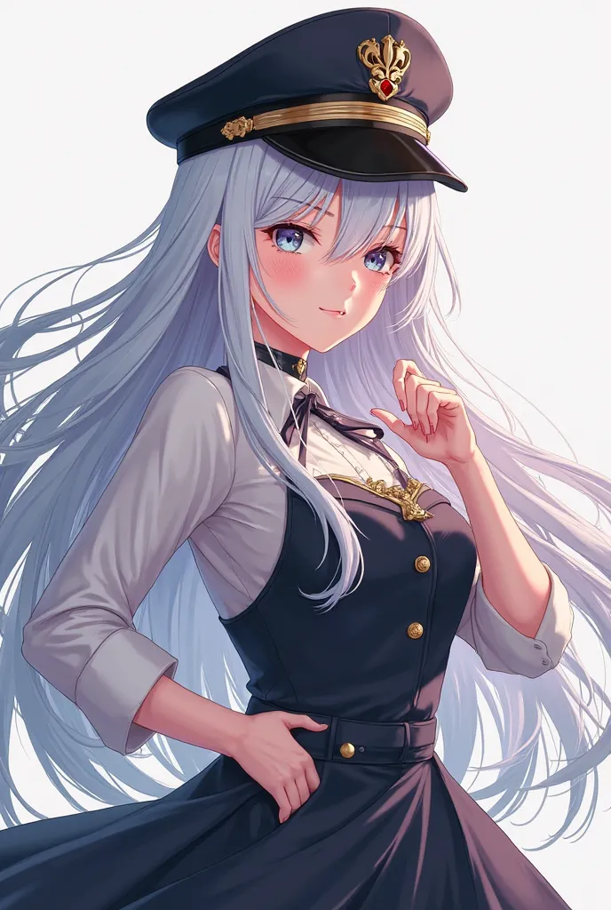 Anime girl with long white hair and a black captain hat doing poses