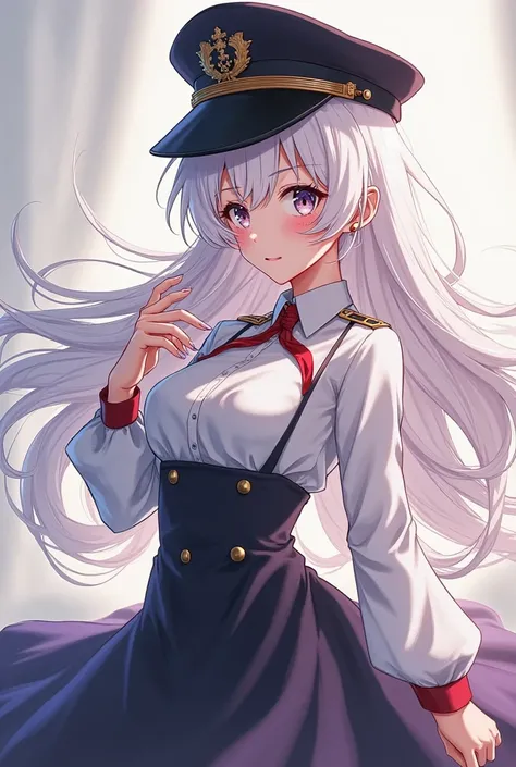 Anime girl with long white hair and a black captain hat doing poses