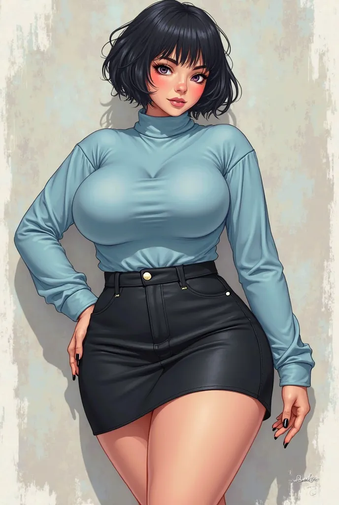 Sexy plus chubb anime,Female, Back & Tan fur, Short black hair (either wolf cut or pixie cut), light blue turtleneck, black miniskirt, black high heels
2d art