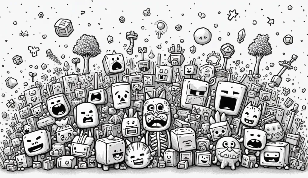 A doodle-style line art illustration featuring various Minecraft mobs and creatures. The composition should be playful and full of details, with characters like Creeper, Enderman, Skeleton, Zombie, Spider, Pig, Cow, Wolf, and Axolotl drawn in a fun, cartoo...