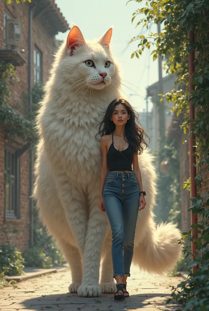 A woman dressed in casual black and walking along with a giant angora cat walks along
