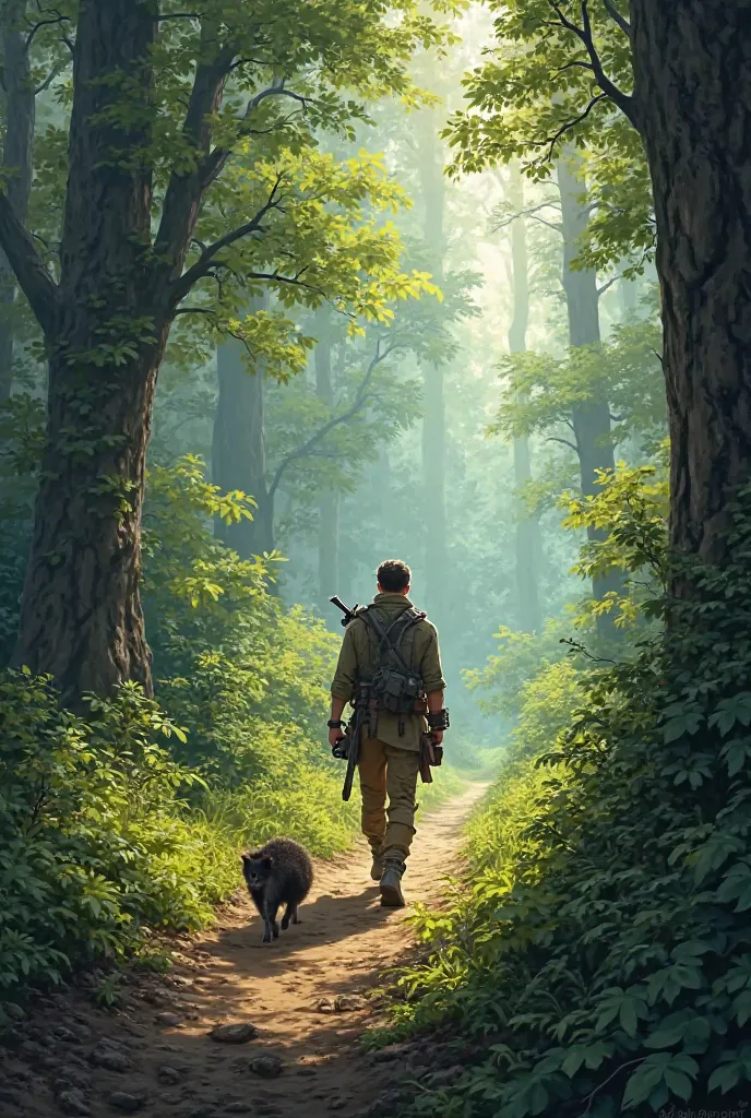 A man walking into the forest on a small animal