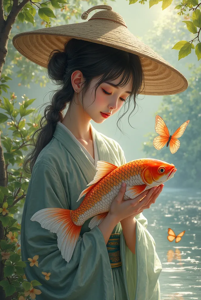 carp in hand with a butterfly and a hat