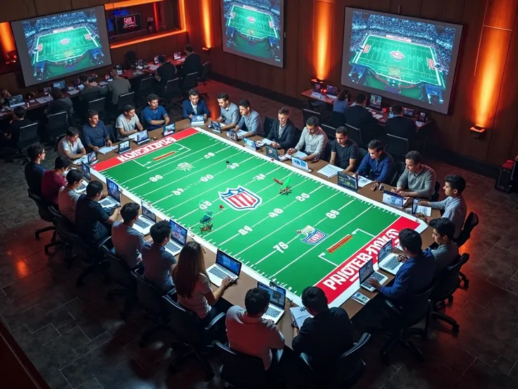 create an aerial image with hundreds of people distributed over several meeting tables, using your cell phones, And that portrays the biggest fantasy NFL competition in the world, with the name: FWL , With details that refer to the NFL