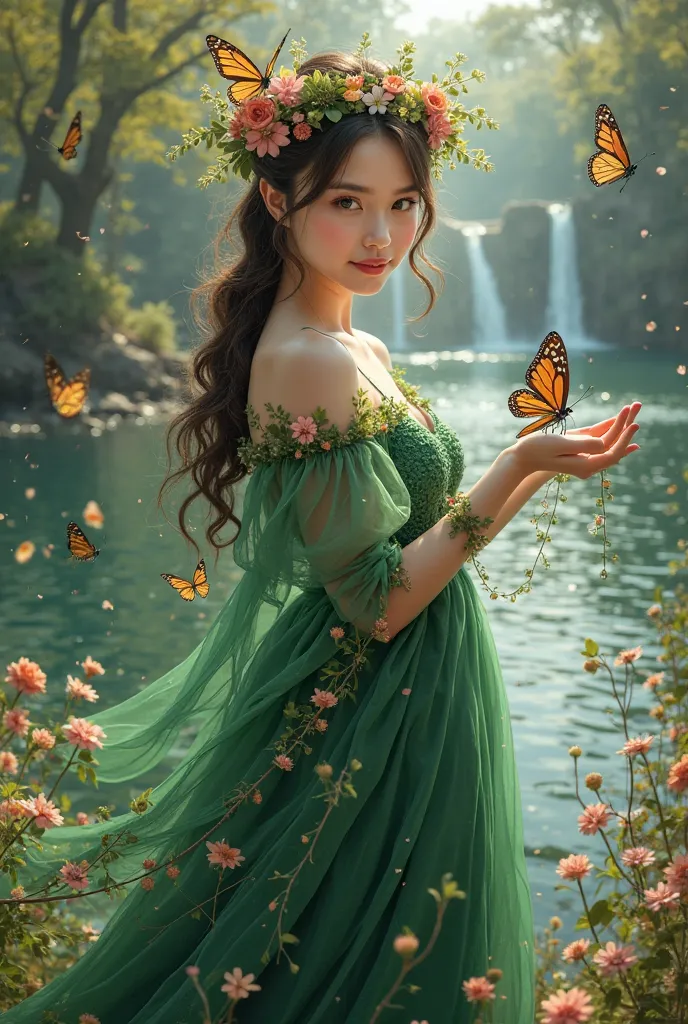 Create a beautiful professional full body painting of a 25-year-old woman, very white skin, european, dark brown hair , wearing a long ESMERALDA dress with strong flowers and butterflies with boleros on the edges, on his head he wears a wreath of flowers w...