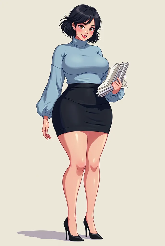 Sexy plus size chubby anime female  Short black hair  light blue turtleneck, black miniskirt, black high heels holding documents 
2d art