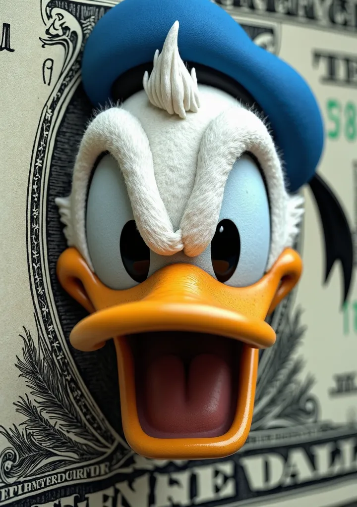 A close up of a dollar bill with the face of Donald Duck