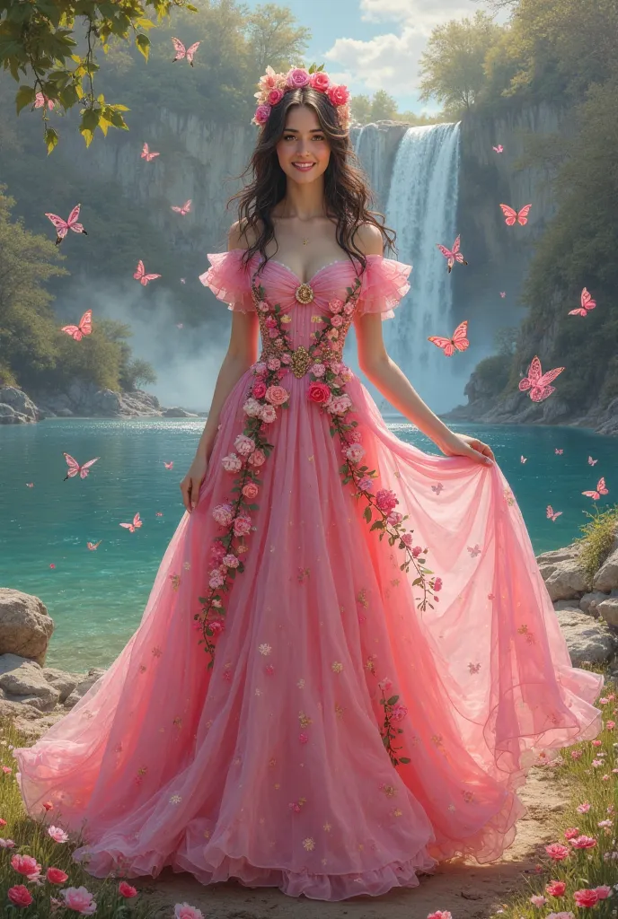 Create a beautiful professional full body painting of a 25-year-old woman, very white skin, european, dark brown hair , wearing a long bright PINK dress with flowers and butterflies with boleros on the edges, on his head he wears a wreath of flowers with b...