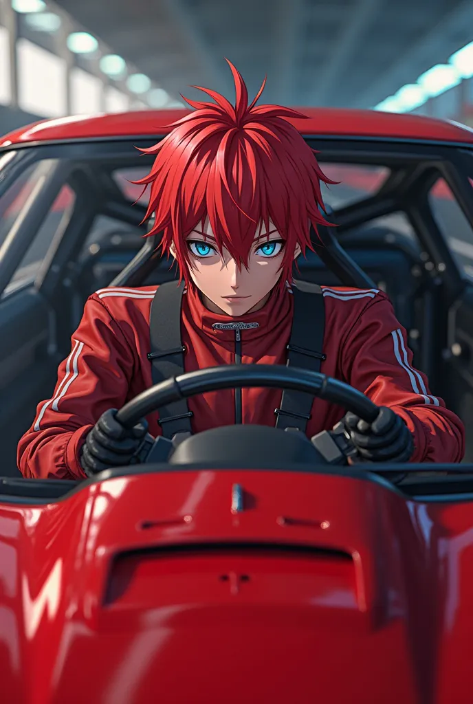 Chuuya Nakahara (Bungou Stray Dogs) anime character wearing red racing driver clothes and an all-red Nissan Skyline GT-R R34. 