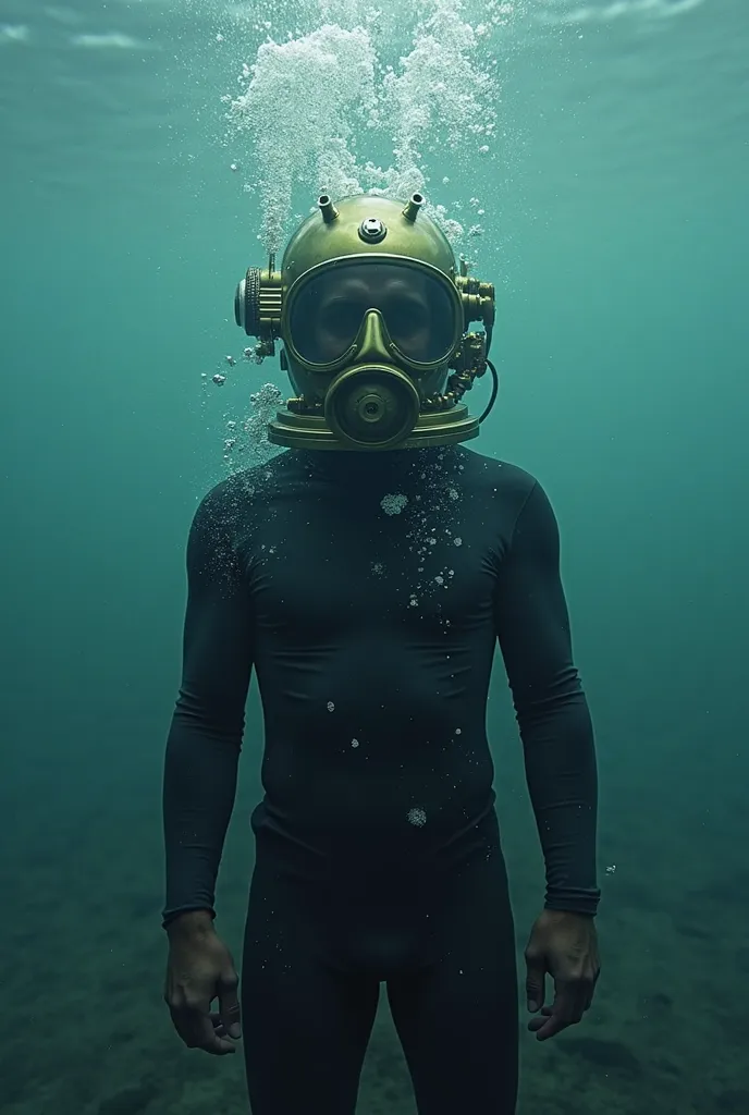 a man in a wetsuit and goggles is standing in the water, photobashing, mergulhador de waters profundas, Old dive, wetsuit, Retouched in Photoshop, photomanipulation, Fotos do National Geographic, Andreas Franke, Houdini- the name of the author & photoshop,...