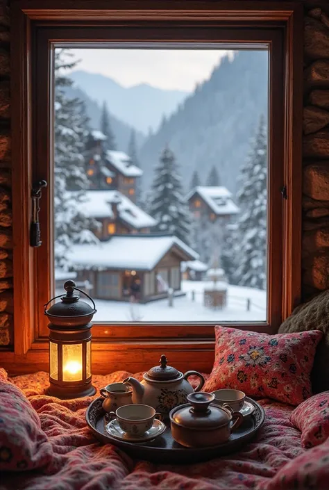 
"Experience the warmth and comfort of a cozy room, where the aroma of freshly brewed tea fills the air. Outside the window, the serene snow-covered landscape of a traditional mountain village creates a peaceful contrast to the intimate atmosphere inside. ...