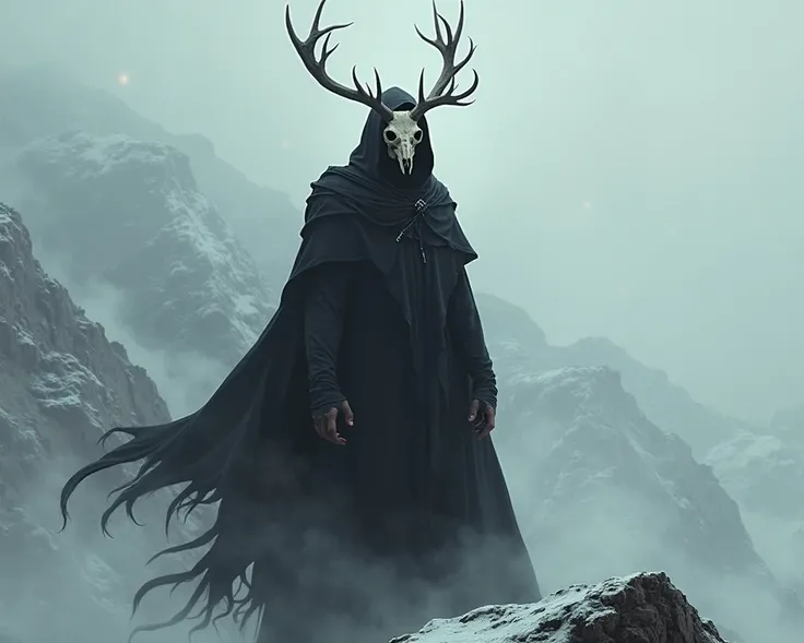 An entity in a black hooded robe wearing a deer skull mask, standing on top of a mountain making a mockery gesture.