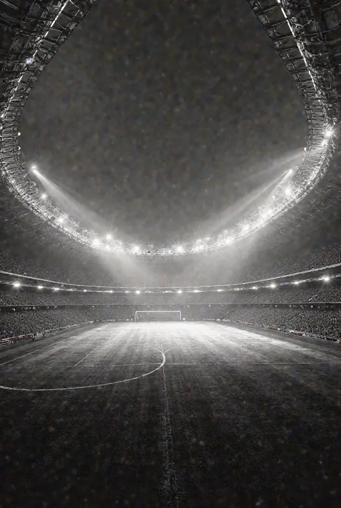 A dramatic black and white soccer stadium inspired by Neo Química Arena, focusing only on the towering stands and floodlights. No people or athletes. The perspective is cinematic, emphasizing the massive architecture. If the field is visible, it must be co...